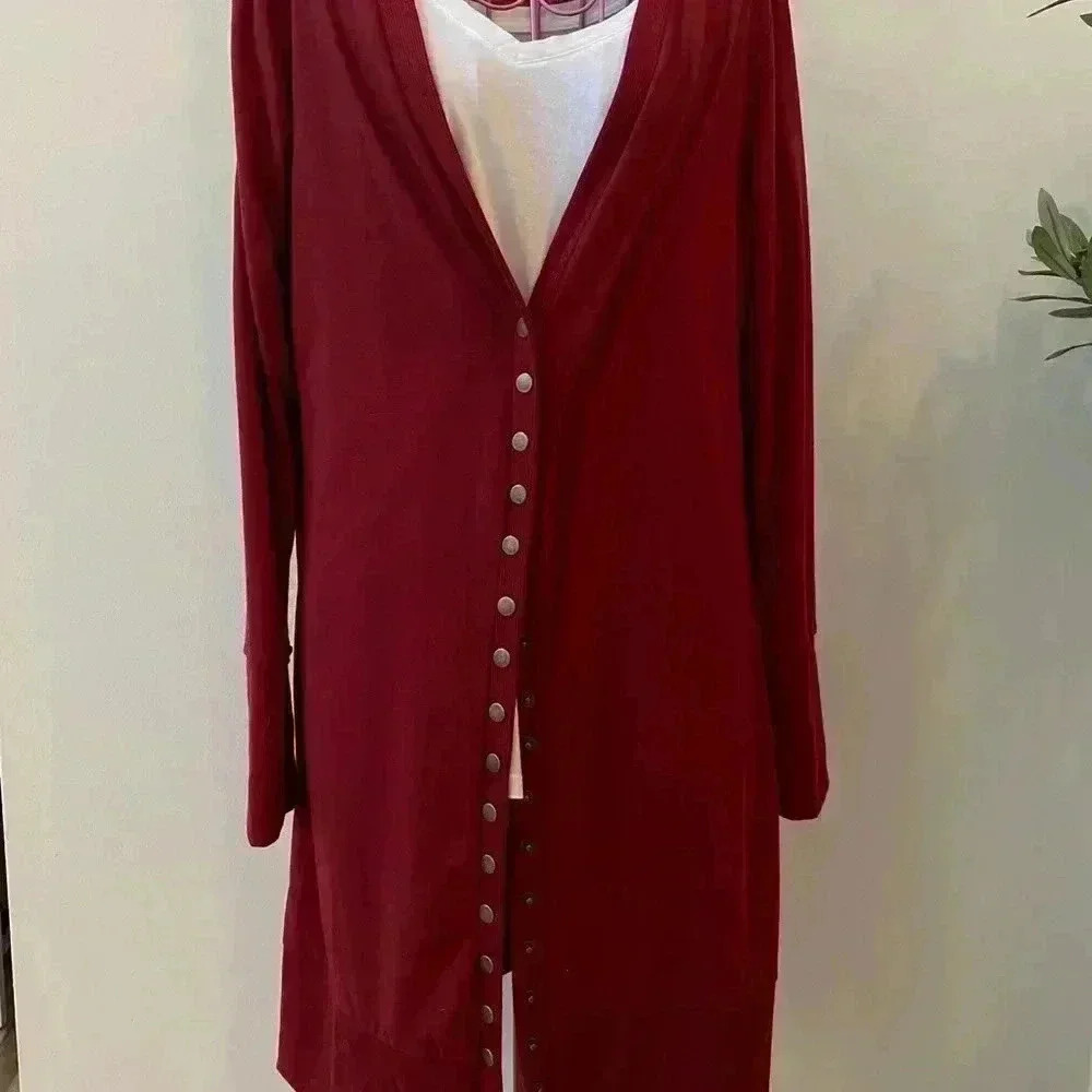 Amazon Essentials Long Burgundy Cardigan Women’s Large Button Front Lagenlook